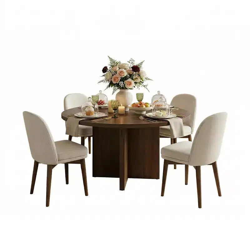 Ensemble table à manger ronde de style milieu de siècle pour 4 personnes, plateau en placage de noyer avec piètement en bois massif à pieds croisés et chaises en lin avec pieds en bois massif - Panipeachy