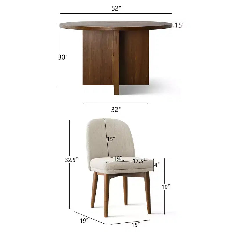 Ensemble table à manger ronde de style milieu de siècle pour 4 personnes, plateau en placage de noyer avec piètement en bois massif à pieds croisés et chaises en lin avec pieds en bois massif - Panipeachy
