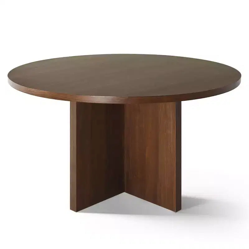 Ensemble table à manger ronde de style milieu de siècle pour 4 personnes, plateau en placage de noyer avec piètement en bois massif à pieds croisés et chaises en lin avec pieds en bois massif - Panipeachy