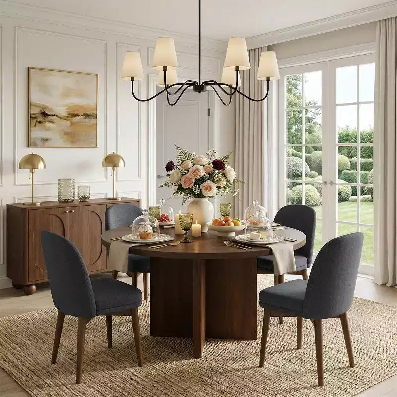 Ensemble table à manger ronde de style milieu de siècle pour 4 personnes, plateau en placage de noyer avec piètement en bois massif à pieds croisés et chaises en lin avec pieds en bois massif - Panipeachy