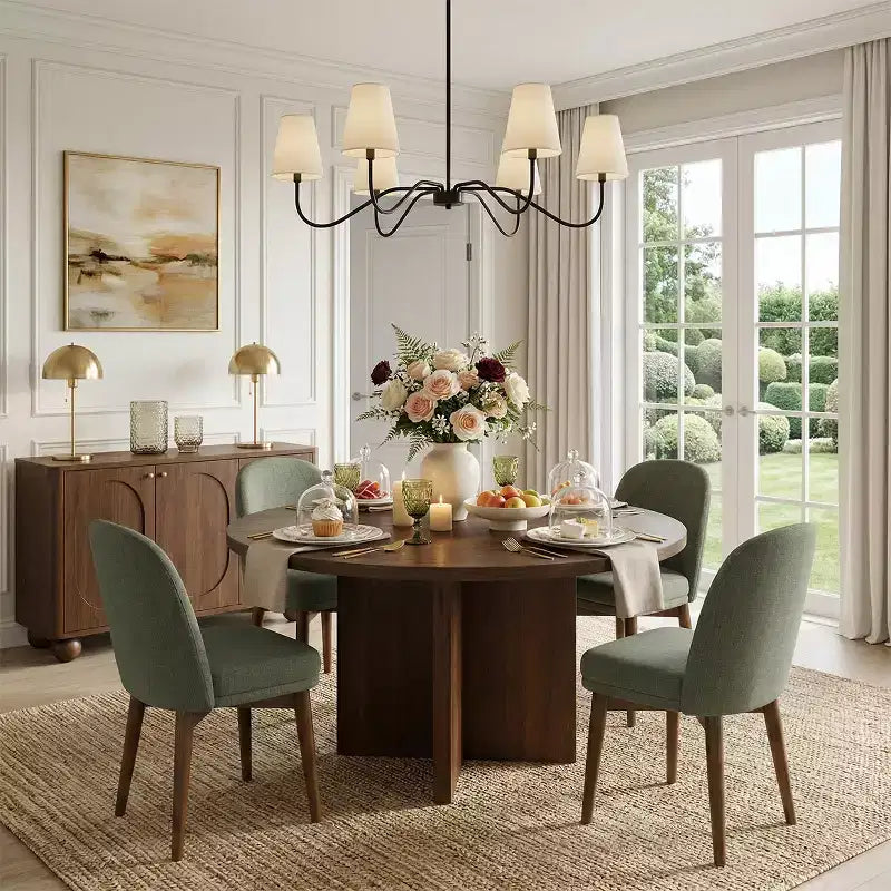 Ensemble table à manger ronde de style milieu de siècle pour 4 personnes, plateau en placage de noyer avec piètement en bois massif à pieds croisés et chaises en lin avec pieds en bois massif - Panipeachy