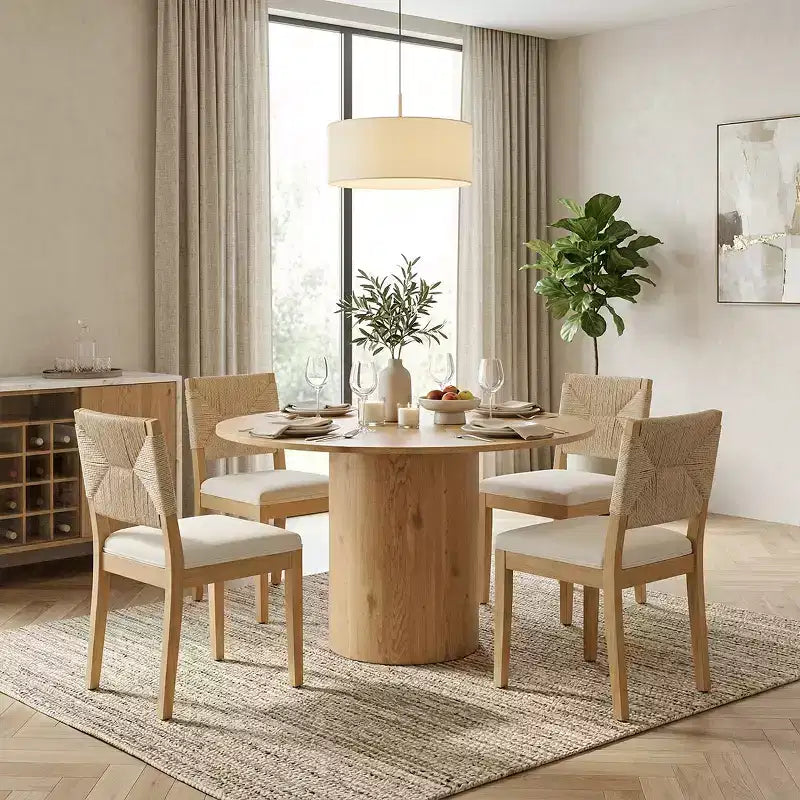 5-Piece Round Dining Table Set for 4, Pedestal Dining Table with Woven Back Solid Wood Chairs, Modern Kitchen & Dining Room Furniture-Panipeachy