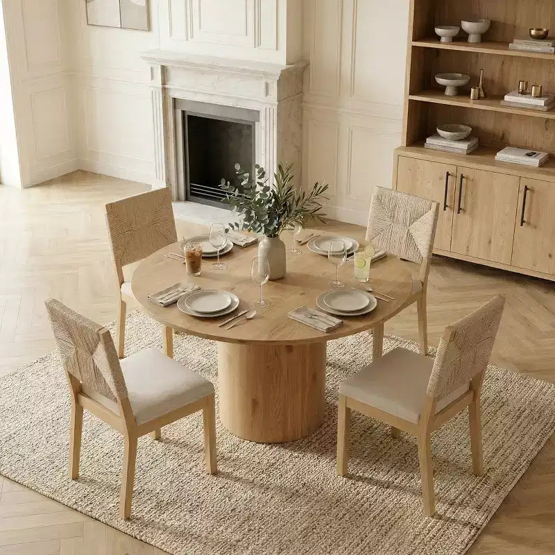 Ensemble de salle à manger rond 5 pièces pour 4 personnes, table à manger sur pied avec chaises en bois massif à dossier tissé, meubles modernes de cuisine et de salle à manger - Panipeachy