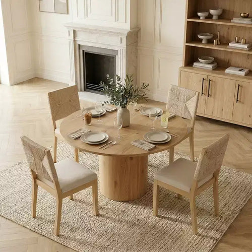 Ensemble de salle à manger rond 5 pièces pour 4 personnes, table à manger sur pied avec chaises en bois massif à dossier tissé, meubles modernes de cuisine et de salle à manger - Panipeachy