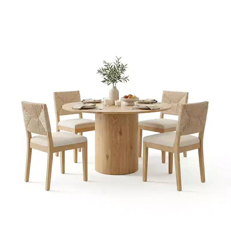 Ensemble de salle à manger rond 5 pièces pour 4 personnes, table à manger sur pied avec chaises en bois massif à dossier tissé, meubles modernes de cuisine et de salle à manger - Panipeachy