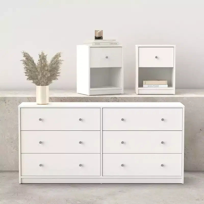 Tvilum, Ensemble de chambre à coucher 3 pièces Portland - Commode double 6 tiroirs et ensemble de 2 tables de nuit