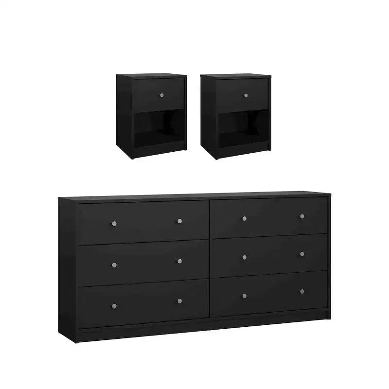 Tvilum, Ensemble de chambre à coucher 3 pièces Portland - Commode double 6 tiroirs et ensemble de 2 tables de nuit