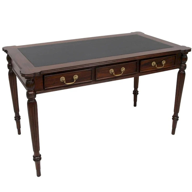 Bureau de style victorien en acajou massif, brun foncé / brun clair, avec plateau en cuir noir et 3 tiroirs – Unité simple