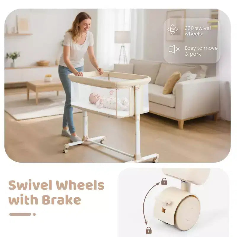Berceau bébé à roulettes – Beige / Gris / Rose, cododo, pour 1 bébé