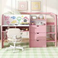 Lit mezzanine bas rose/blanc avec bureau, rangement et tableau blanc - 1 place