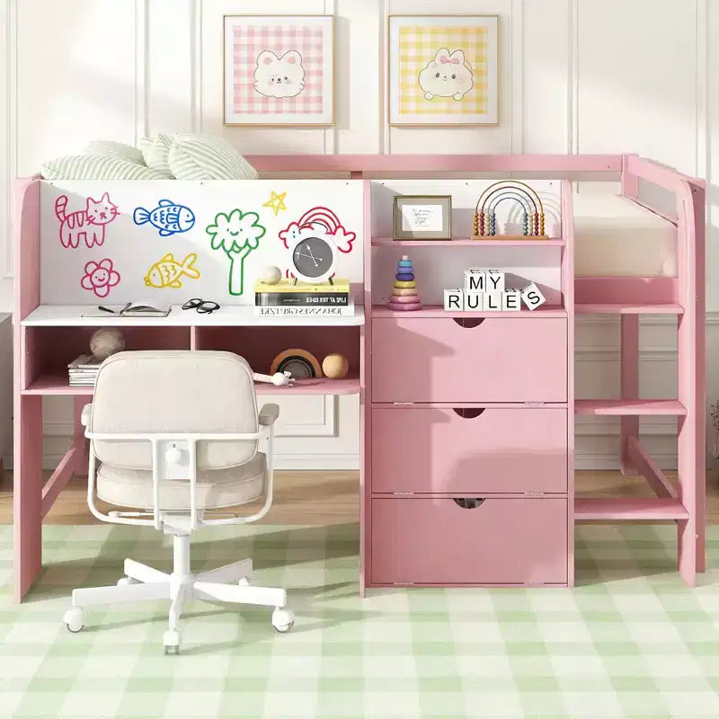Lit mezzanine bas rose/blanc avec bureau, rangement et tableau blanc - 1 place