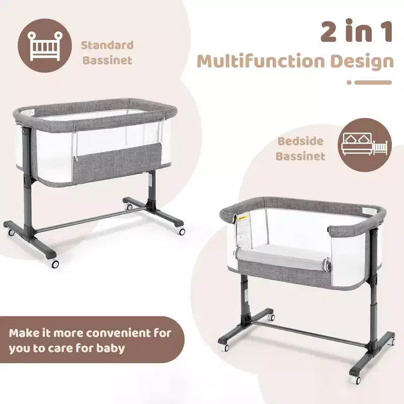 Berceau bébé à roulettes – Beige / Gris / Rose, cododo, pour 1 bébé