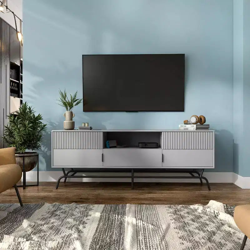 Meuble TV moderne 3 tiroirs et placards pour téléviseurs jusqu'à 65 pouces Gris