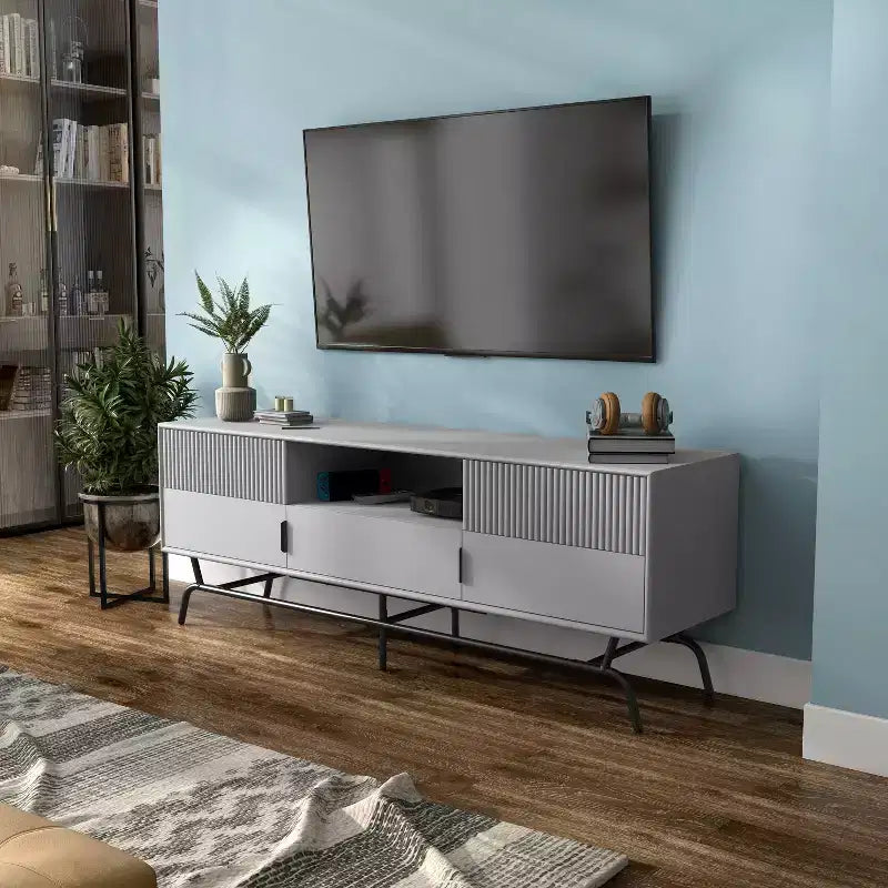 Meuble TV moderne 3 tiroirs et placards pour téléviseurs jusqu'à 65 pouces Gris