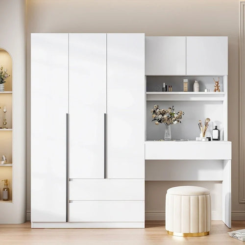 Armoire-penderie 3-en-1 avec coiffeuse, ensemble de bureau, armoire de chambre avec 2 tiroirs, armoire-penderie à 3 portes avec espace de rangement