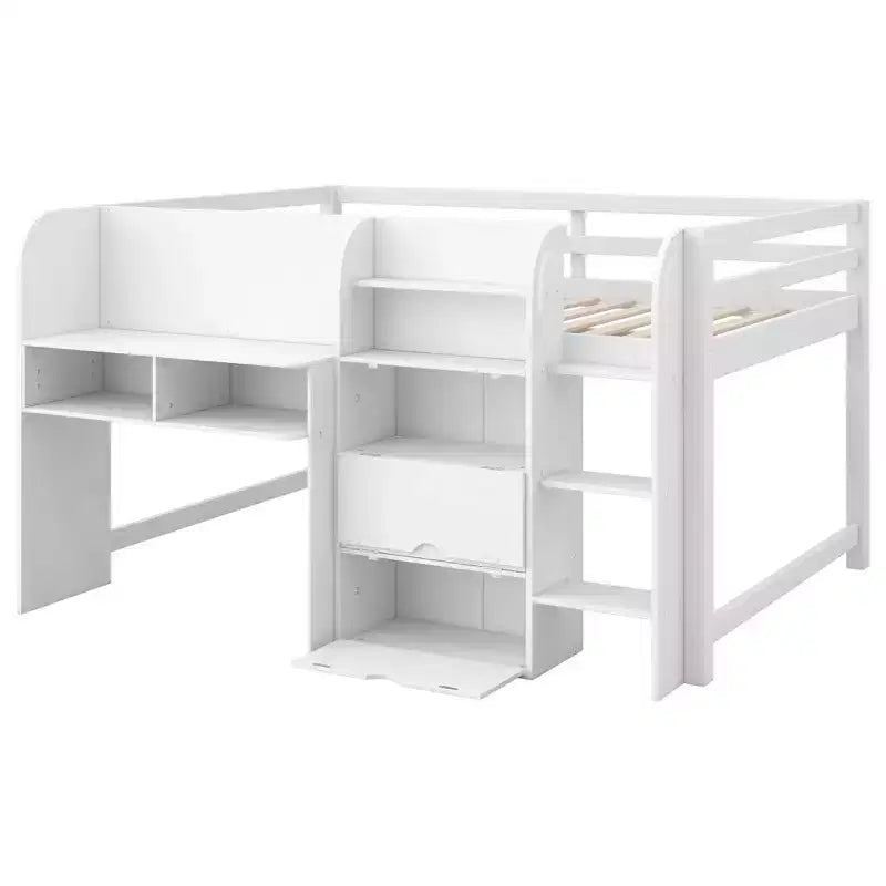 Lit mezzanine bas rose/blanc avec bureau, rangement et tableau blanc - 1 place