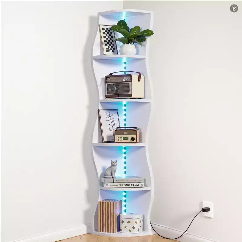 VECELO Étagère d'Angle Onde à 5 Niveaux, Étagère de Rangement Verticale Haute pour Petits Espaces et Salon, Blanche