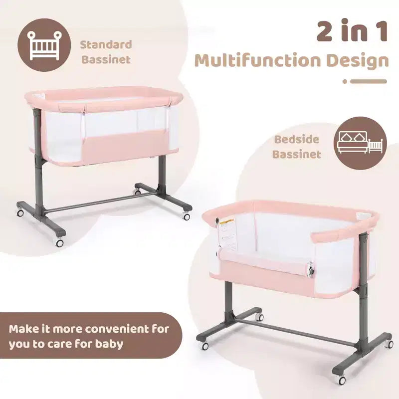 Berceau bébé à roulettes – Beige / Gris / Rose, cododo, pour 1 bébé