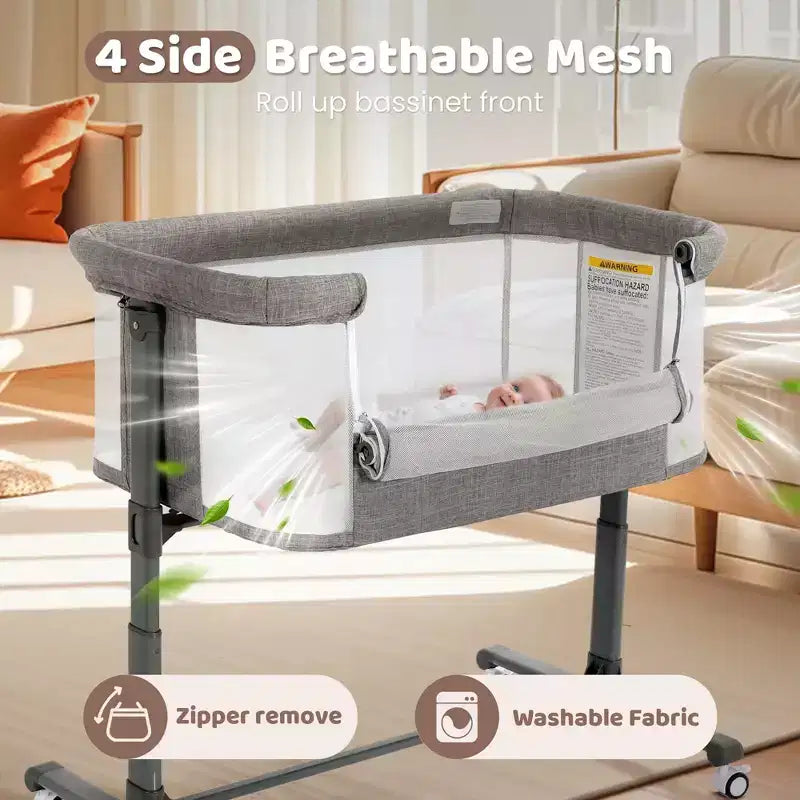 Berceau bébé à roulettes – Beige / Gris / Rose, cododo, pour 1 bébé