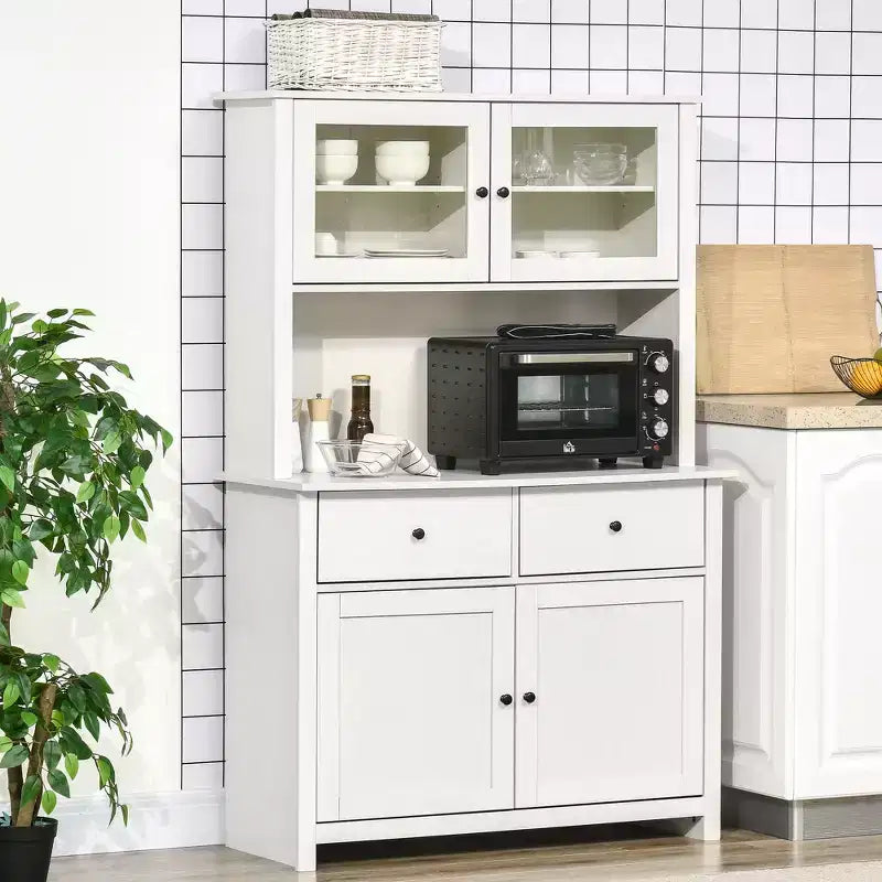 HOMCOM Buffet de cuisine 161 cm avec vaisselier, armoire de rangement avec 4 étagères, tiroirs, portes vitrées, comptoir ouvert pour micro-ondes