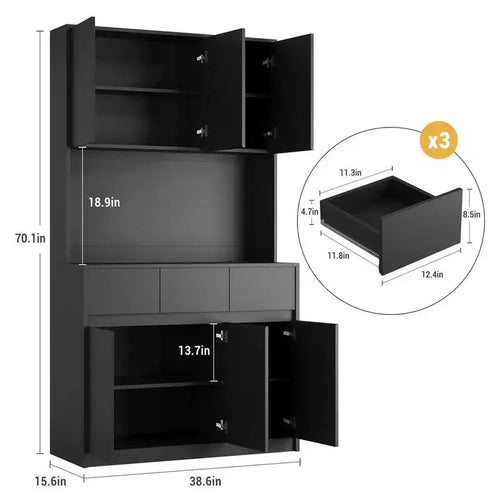 Armoire de cuisine de 71 pouces, vaisselier avec lumières LED et prises de courant, buffet avec support pour micro-ondes, étagères réglables