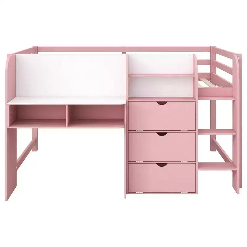 Lit mezzanine bas rose/blanc avec bureau, rangement et tableau blanc - 1 place