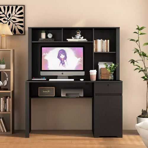 Bureau informatique moderne de 130 cm avec huche et étagère, bureau avec grand rangement, bureau d'écriture pour l'étude, salle de lecture