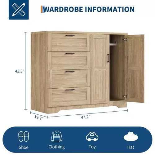 Armoire de chambre en bois de 110 cm (43,3 po) avec 4 tiroirs et tringle à vêtements, commode de rangement multifonctionnelle pour vêtements