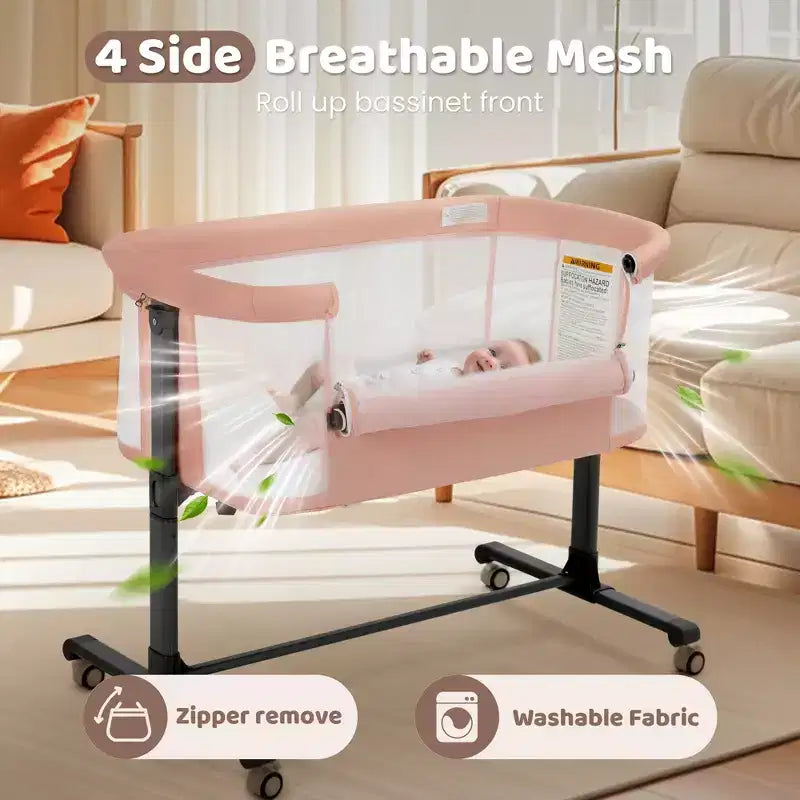 Berceau bébé à roulettes – Beige / Gris / Rose, cododo, pour 1 bébé