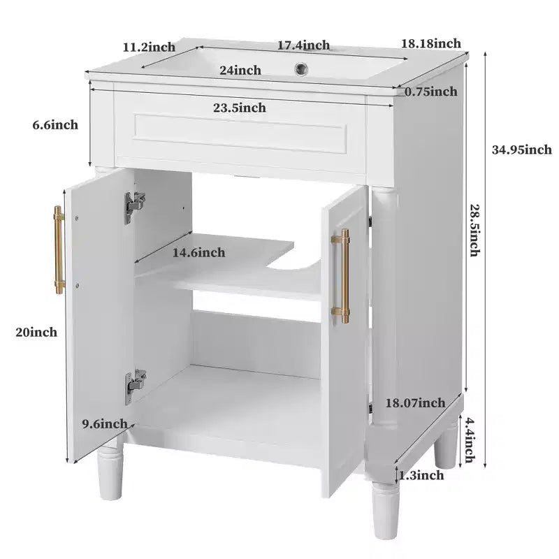 Meuble-lavabo de 24 po avec évier en céramique, armoire Shaker, 2 portes à fermeture amortie, cadre en bois massif pour petite salle de bain ou salle d'eau