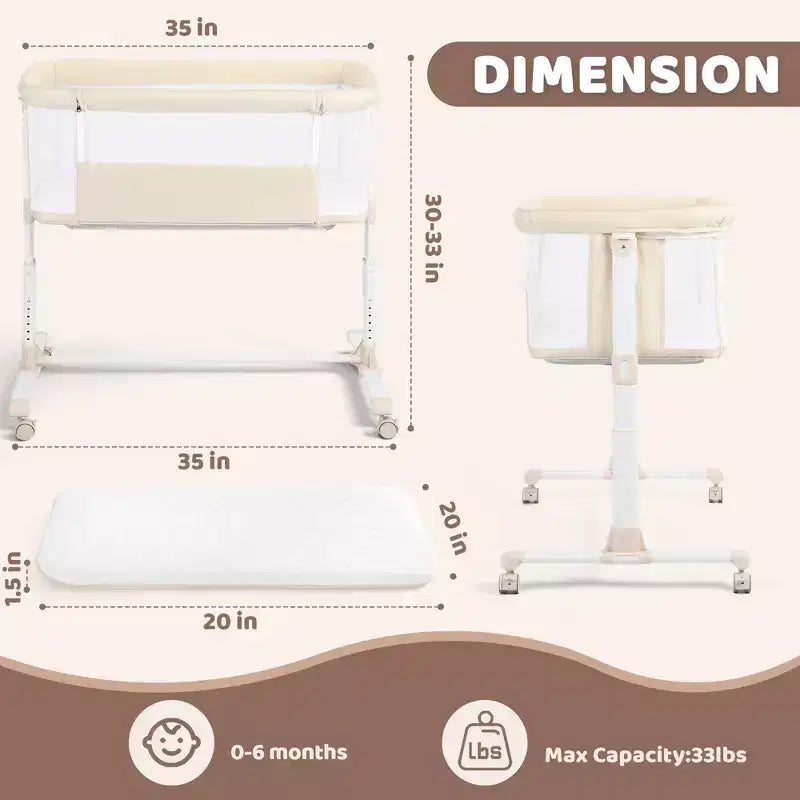 Berceau bébé à roulettes – Beige / Gris / Rose, cododo, pour 1 bébé