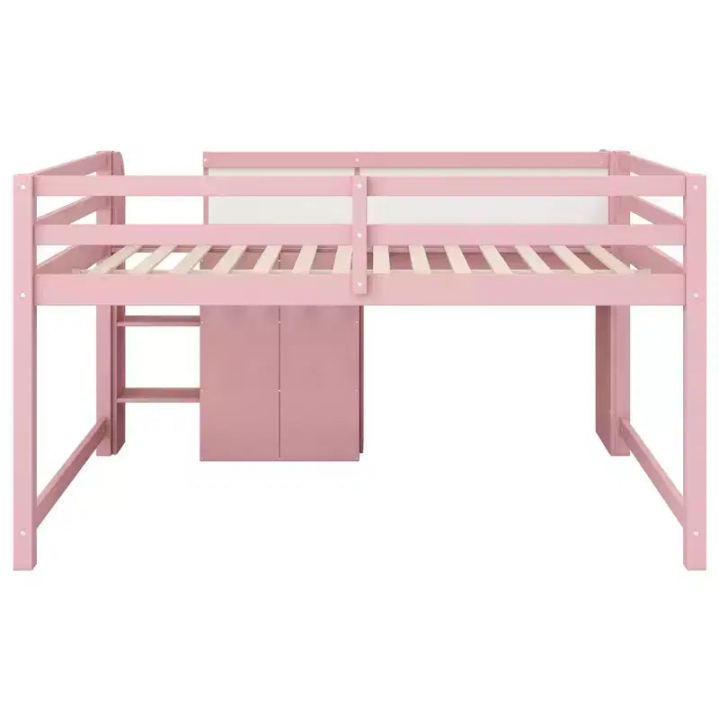 Lit mezzanine bas rose/blanc avec bureau, rangement et tableau blanc - 1 place