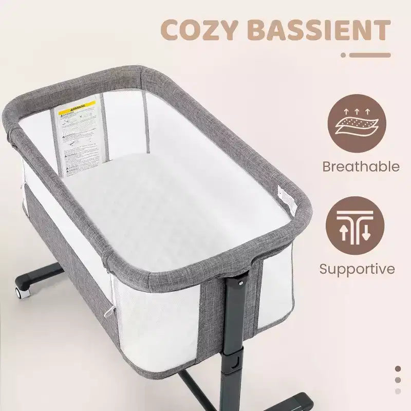 Berceau bébé à roulettes – Beige / Gris / Rose, cododo, pour 1 bébé