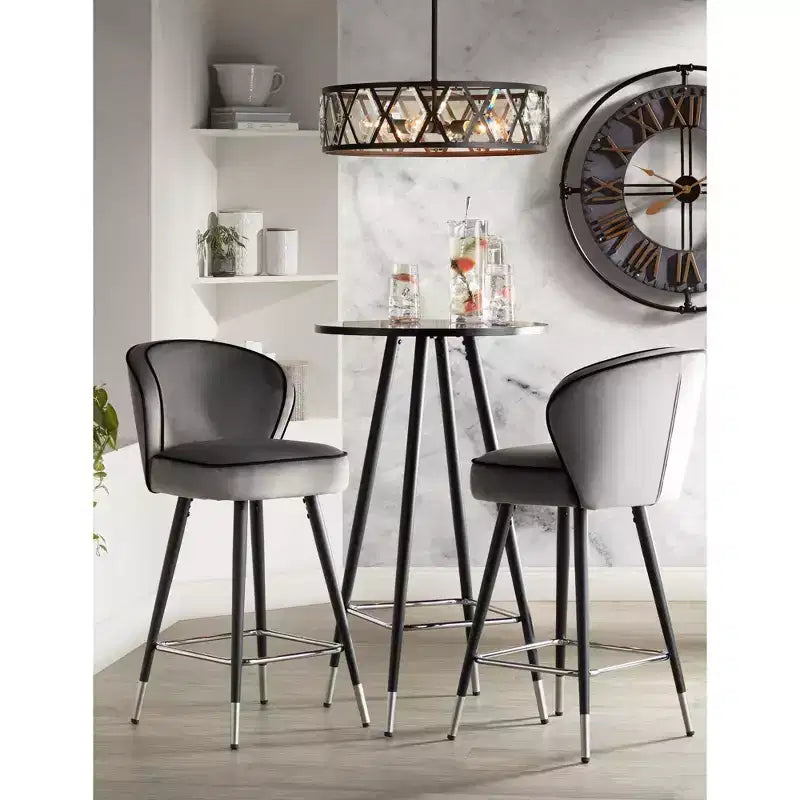 Tabouret de bar en métal chromé noir argenté 27 3/4 haut, coussin rembourré en velours gris moderne pour îlot de cuisine, comptoir, maison, abri