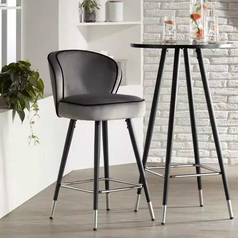 Tabouret de bar en métal chromé noir argenté 27 3/4 haut, coussin rembourré en velours gris moderne pour îlot de cuisine, comptoir, maison, abri