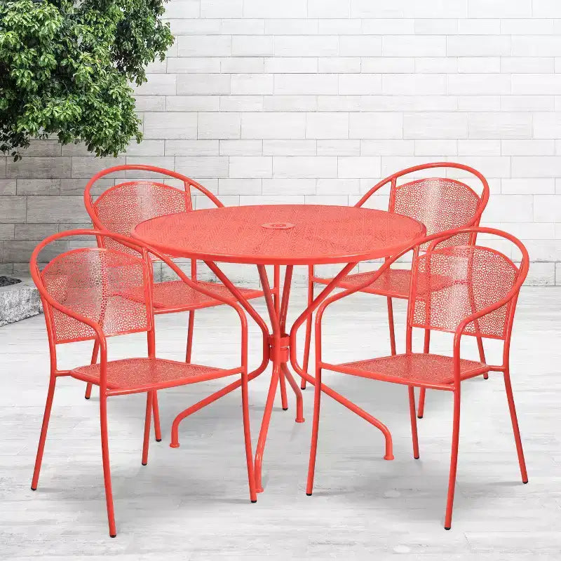 Ensemble table de patio en acier ronde Oia de qualité commerciale 35.25 et 4 chaises à dossier rond pour intérieur/extérieur Flash Furniture