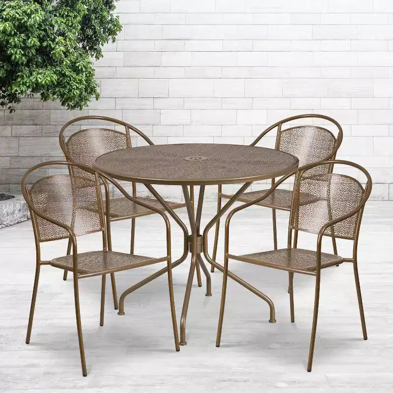 Ensemble table de patio en acier ronde Oia de qualité commerciale 35.25 et 4 chaises à dossier rond pour intérieur/extérieur Flash Furniture