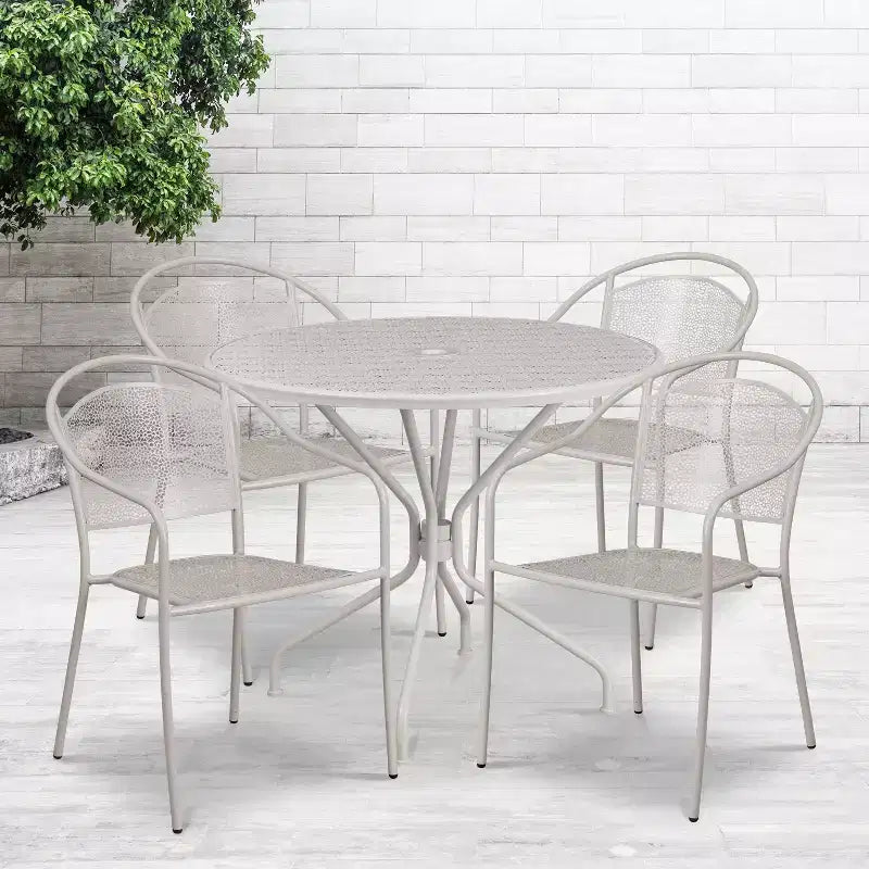 Ensemble table de patio en acier ronde Oia de qualité commerciale 35.25 et 4 chaises à dossier rond pour intérieur/extérieur Flash Furniture