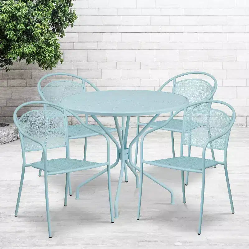 Ensemble table de patio en acier ronde Oia de qualité commerciale 35.25 et 4 chaises à dossier rond pour intérieur/extérieur Flash Furniture