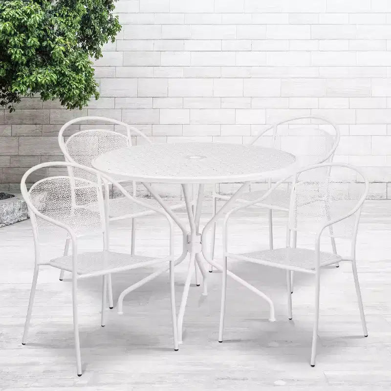 Ensemble table de patio en acier ronde Oia de qualité commerciale 35.25 et 4 chaises à dossier rond pour intérieur/extérieur Flash Furniture