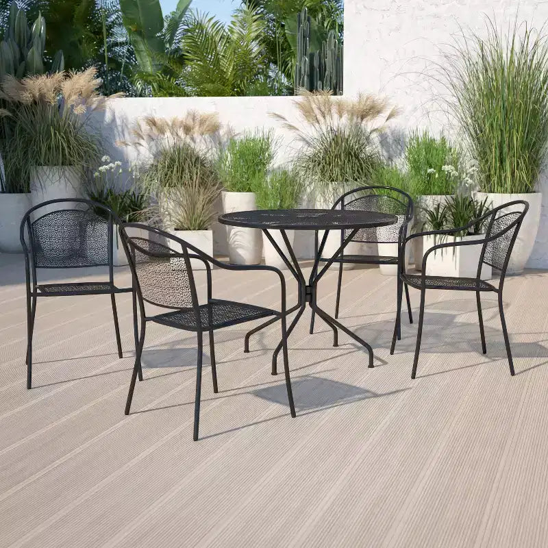 Ensemble table de patio en acier ronde Oia de qualité commerciale 35.25 et 4 chaises à dossier rond pour intérieur/extérieur Flash Furniture