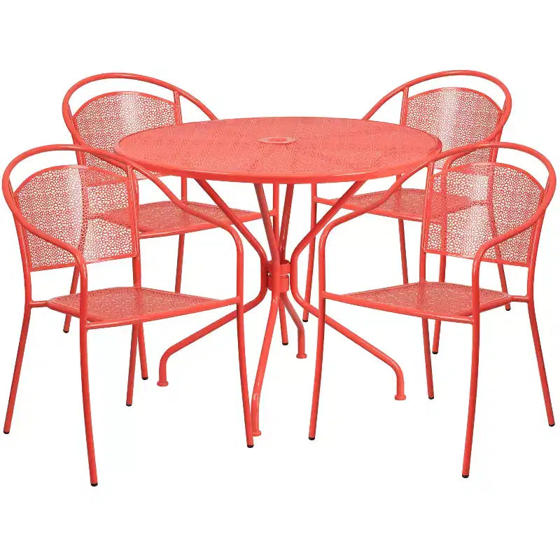 Ensemble table de patio en acier ronde Oia de qualité commerciale 35.25 et 4 chaises à dossier rond pour intérieur/extérieur Flash Furniture