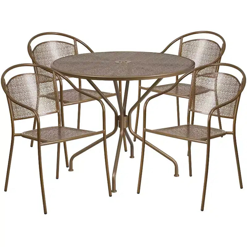 Ensemble table de patio en acier ronde Oia de qualité commerciale 35.25 et 4 chaises à dossier rond pour intérieur/extérieur Flash Furniture