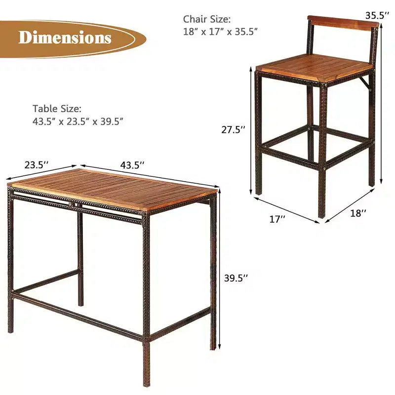 Costway Ensemble table de bar et 2 tabourets d'extérieur en rotin et osier 3 pièces