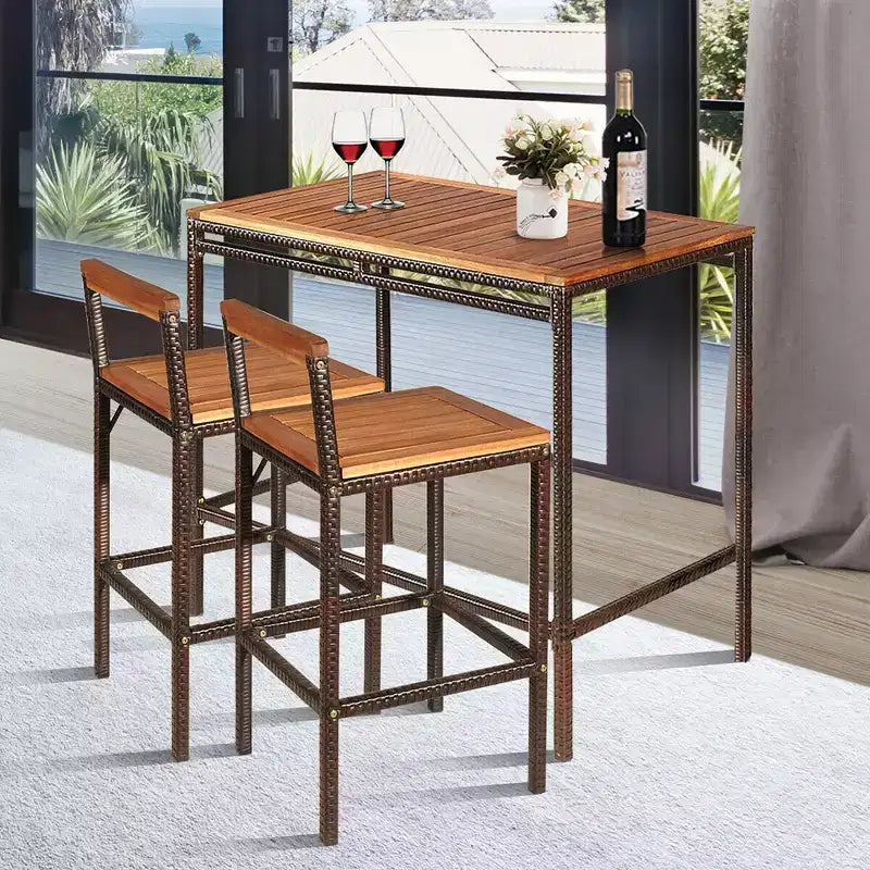 Costway Ensemble table de bar et 2 tabourets d'extérieur en rotin et osier 3 pièces