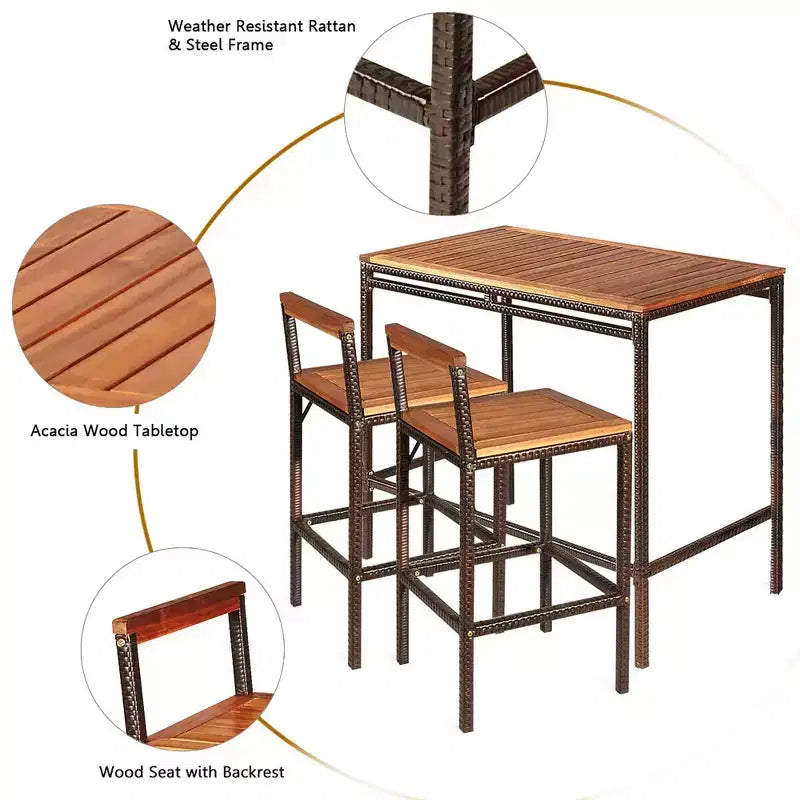 Costway Ensemble table de bar et 2 tabourets d'extérieur en rotin et osier 3 pièces