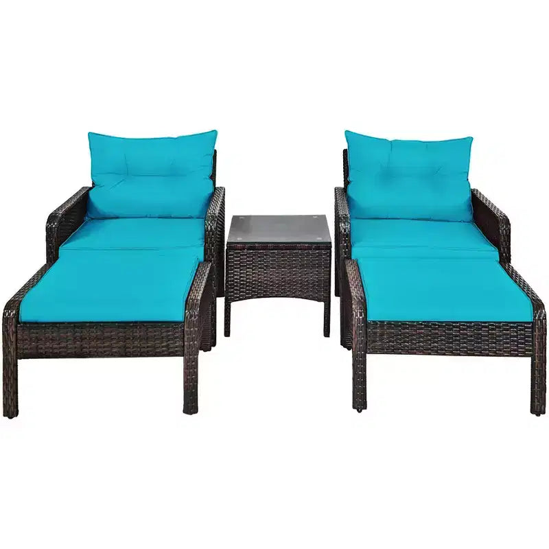 Costway Ensemble de Meubles de Jardin en Rotin 5 Pièces Canapé Ottoman Table Coussins Turquoise