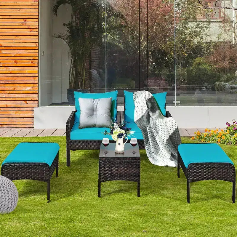Costway Ensemble de Meubles de Jardin en Rotin 5 Pièces Canapé Ottoman Table Coussins Turquoise