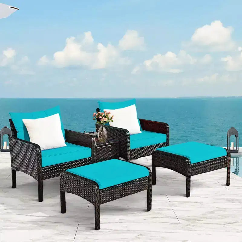 Costway Ensemble de Meubles de Jardin en Rotin 5 Pièces Canapé Ottoman Table Coussins Turquoise