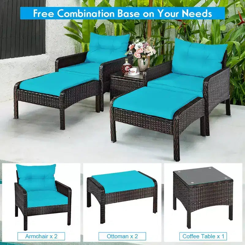 Costway Ensemble de Meubles de Jardin en Rotin 5 Pièces Canapé Ottoman Table Coussins Turquoise